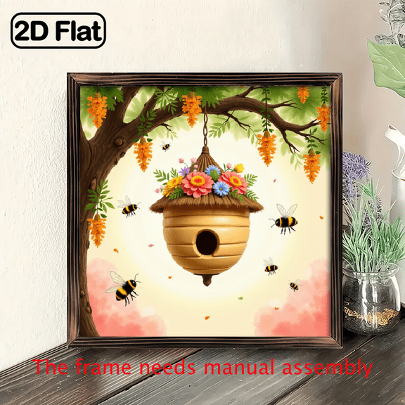 A wooden framed picture suitable for decorating the home, featuring busy bees, with dimensions of 8*8 inches.