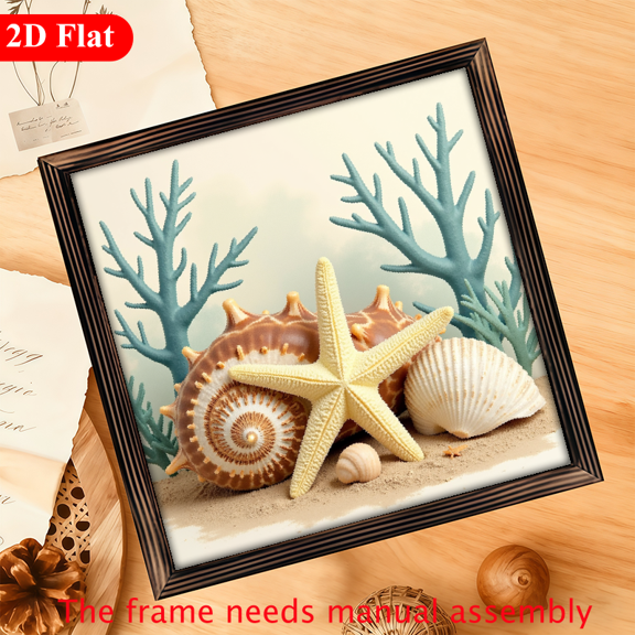 A wooden framed picture suitable for decorating the home, featuring exquisite sea shells. The size is 12*12 inches.