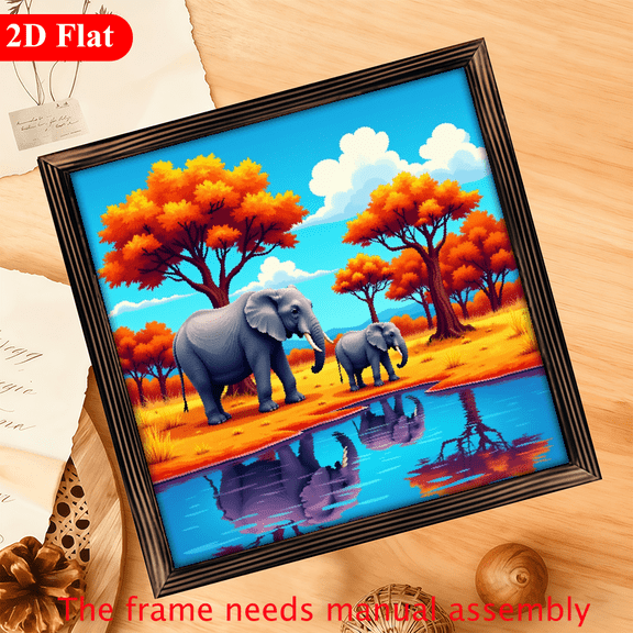 A wooden framed picture suitable for decorating the home, featuring three elephants strolling, with dimensions of 12*12 inches.