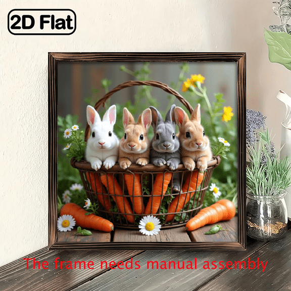 A wooden framed picture suitable for decorating the home, with a little rabbit and carrot in a basket, with dimensions of 8*8 inches.