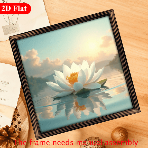 A wooden framed picture suitable for decorating the home, with a serene reflection of water lilies, measuring 12*12 inches.