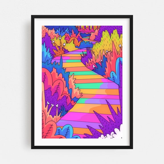 A woodland walk - Illustration Psychedelic Surrealism Modern Art Abstract Whimsical Pop Art Black Framed Wall Art Print 12 x 18 inches