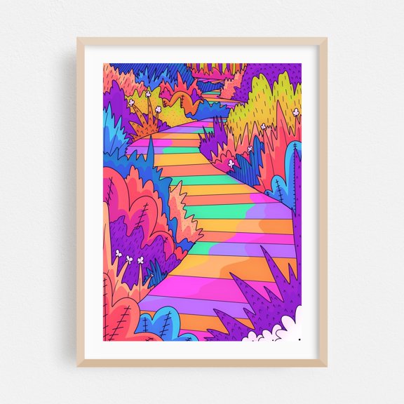 A woodland walk - Illustration Psychedelic Surrealism Modern Art Abstract Whimsical Pop Art Oak Framed Wall Art Print 20 x 30 inches