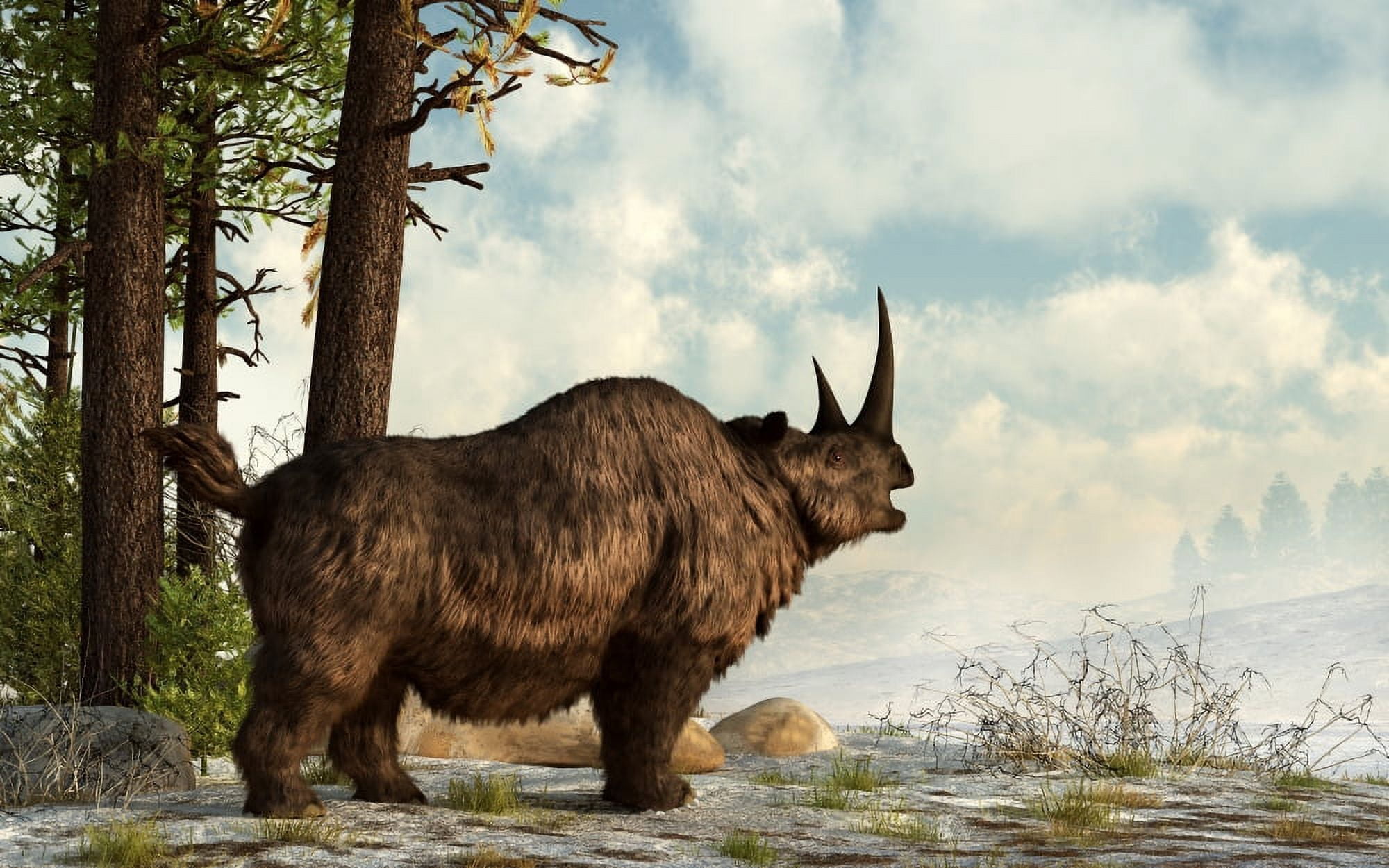 A woolly rhinoceros trudges through the snow Pleistocene epoch Canvas Art - Daniel EskridgeStocktrek Images (36 x 23)