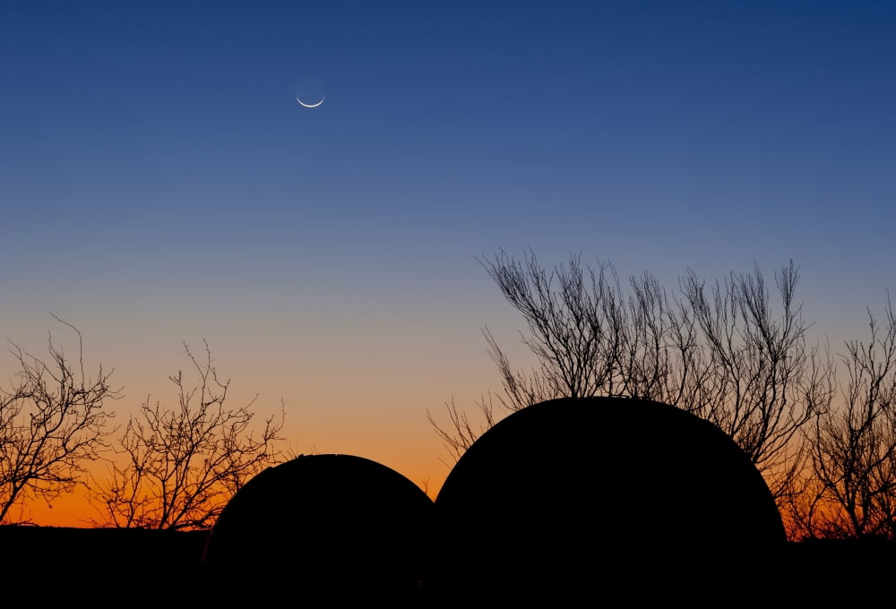 A young moon sets over two domed observatories Crowell Texas Canvas Art - John DavisStocktrek Images (35 x 24)