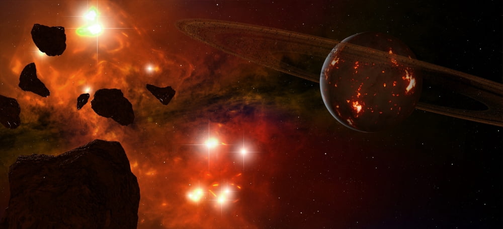 A young ringed planet with glowing lava and asteroids in the foreground Canvas Art - Frieso HoevelkampStocktrek Images (42 x 20)