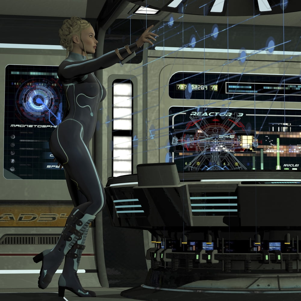 A young woman operating a holographic control center Canvas Art - Corey FordStocktrek Images (28 x 28)