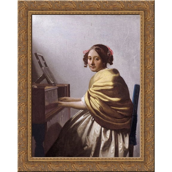 A young woman seated at the virginals (A young woman seated at the virginal) 24x20 Gold Ornate Wood Framed Canvas Art by Johannes Vermeer