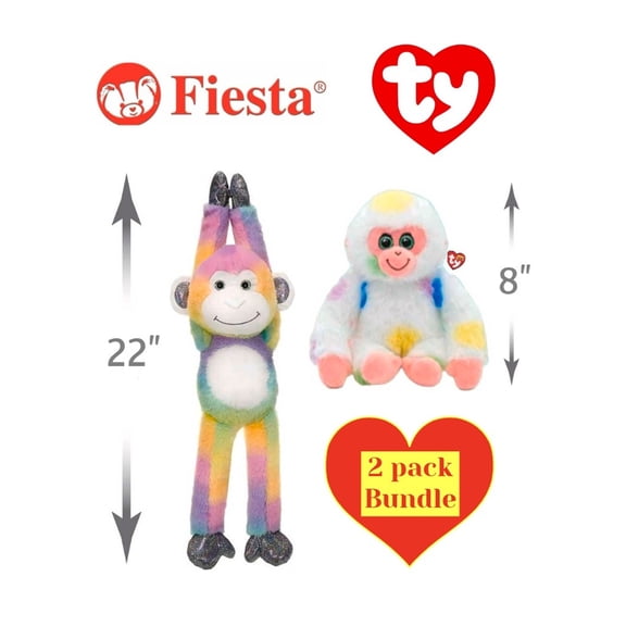 A00573 22-inches High Rainbow Sherbet Hanging Monkey & 37424 8-inches Beanie Babies Flo Spotted Monkey Bundle of 2 Characters