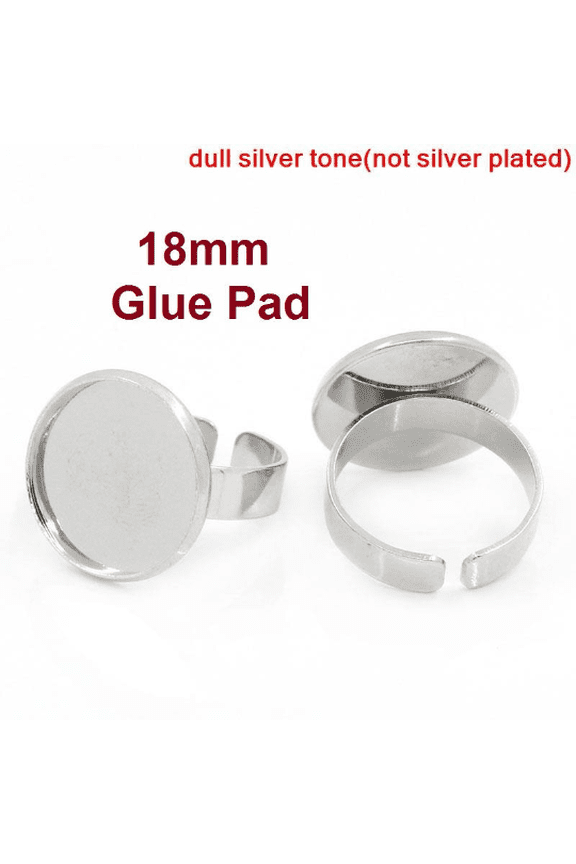A018 - 10 pcs. Silver Tone ADJUSTABLE Cabochon Setting Bezel RING bases settings - Ring Size 8 US - Glue Pad 18mm