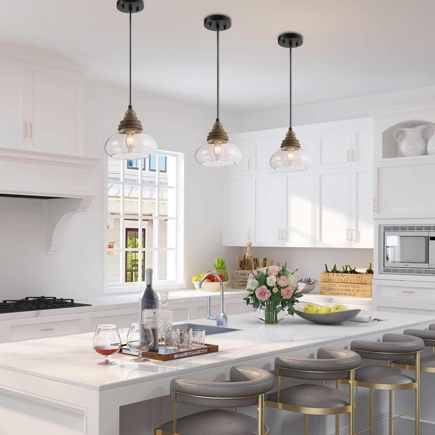 A03544 Modern Farmhouse 1-Light Wood Pendant Glass Lights for Kitchen Island Clear 7.5" D x 7.5" H Painted,Polished Adjustable,7 to 12 Inches Pine
