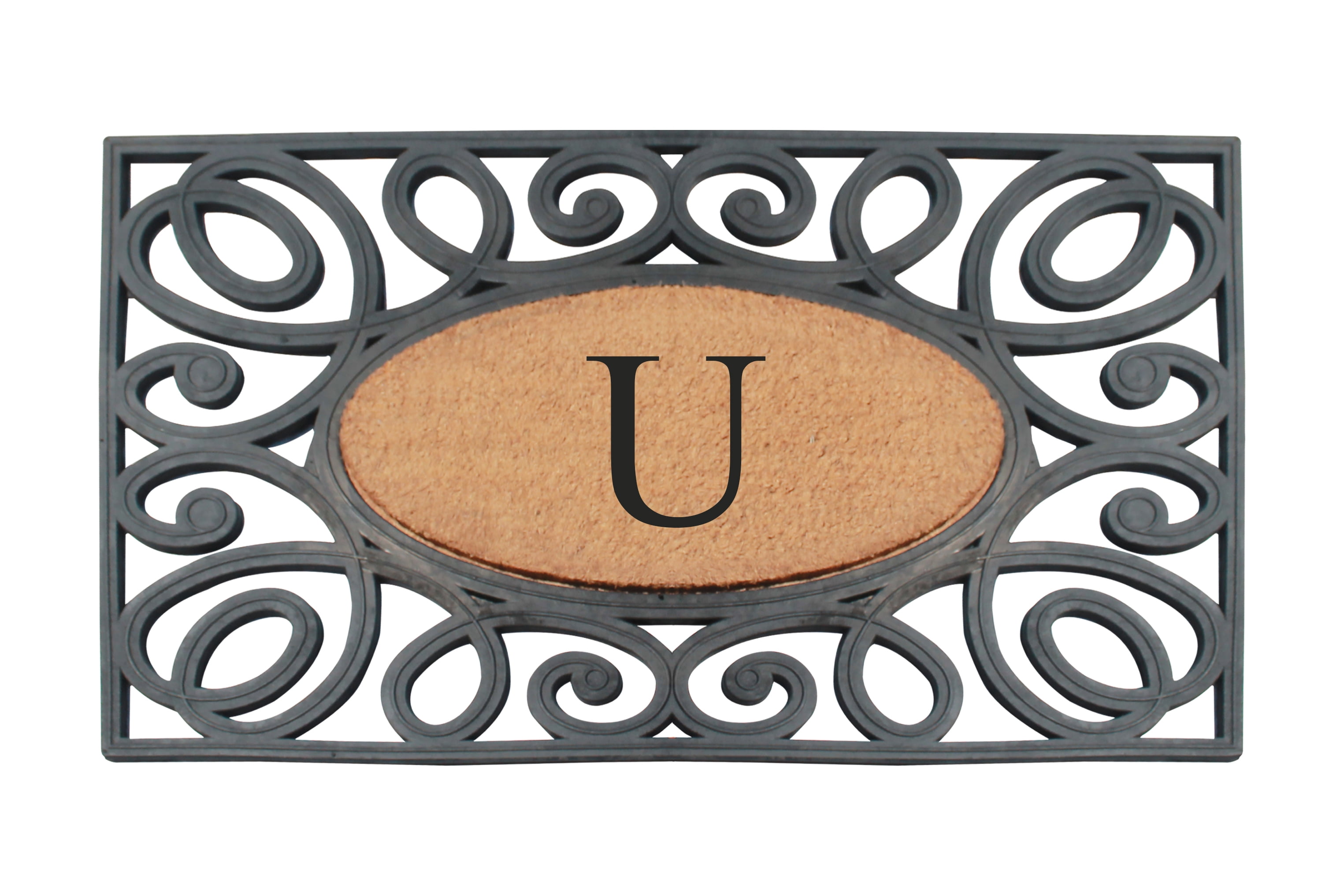 A1HC Elegant Circles Rubber and Coir Mat for Outdoor Entrance Heavy Duty Monogrammed Doormat Black/Beige 23x38