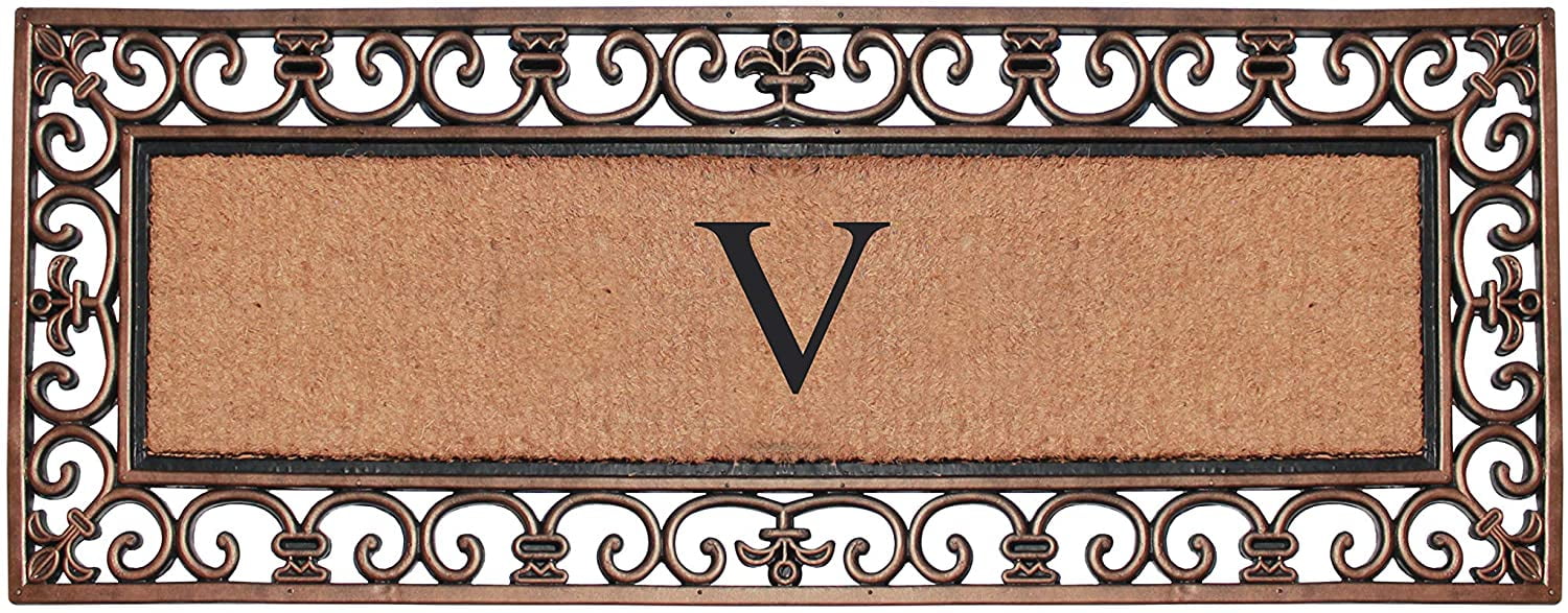 A1 Home Collections Outdoor Paisley Monogrammed V Doormat, Bronze/Black, 47.25 in x 17.71 in
