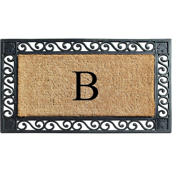 A1HC Natural Coir and Rubber Paisley border Monogrammed Doormat, Anti-Shed Treated Durable for Outdoor Entrance , 23"X38", Black