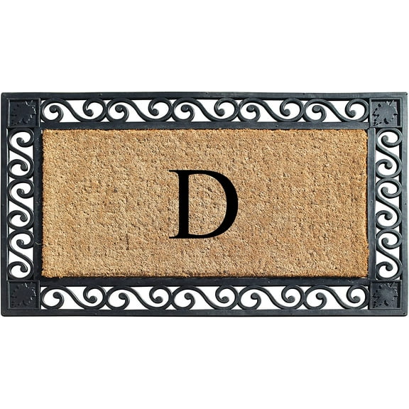 A1HC Natural Coir and Rubber Paisley border Monogrammed Doormat, Anti-Shed Treated Durable for Outdoor Entrance , 23"X38", Black