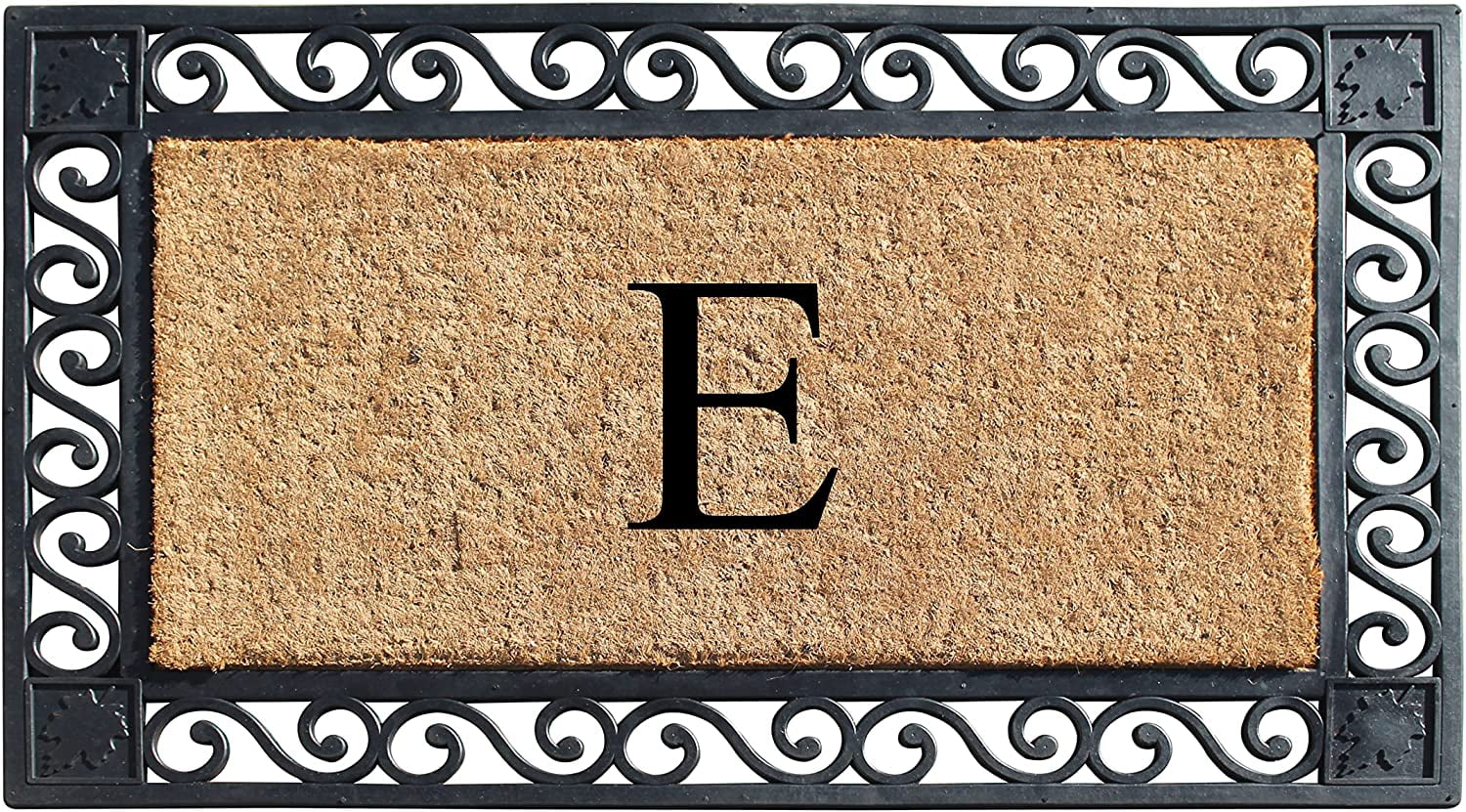 A1HC Natural Coir and Rubber Paisley border Monogrammed Doormat, Anti-Shed Treated Durable for Outdoor Entrance , 23"X38", Black