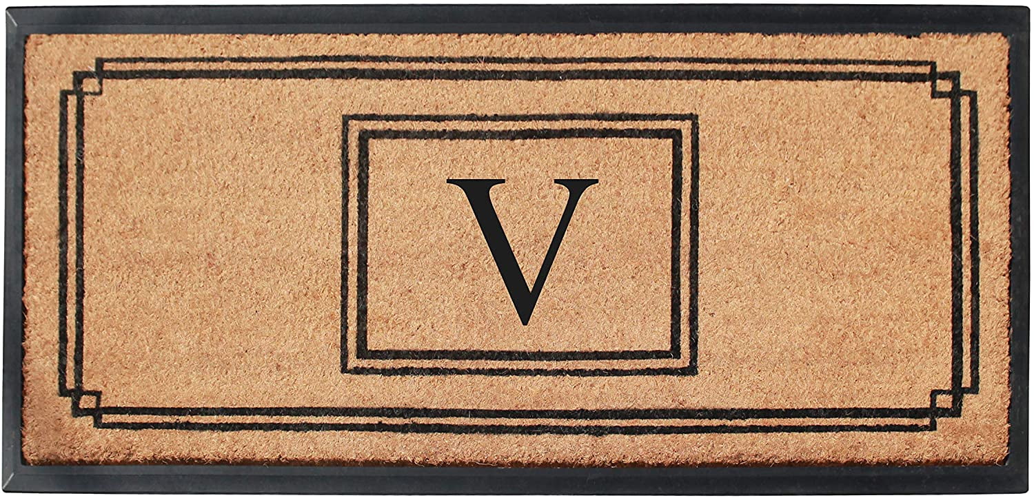 A1 Home Collections Rubber & Coir Mat, Heavy Duty, Extra Large, Front Door Mat 24"X48", Black/Beige Doormat Monogrammed V