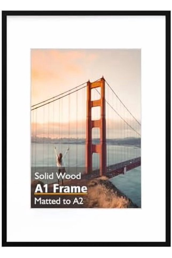 A1 Picture Frame, Black Solid Wood Frame with Acrylic Plexiglass for Pictures A2 with Mat or A1 without Mat, Wall Mounting Display Photo Frame 1 Pack