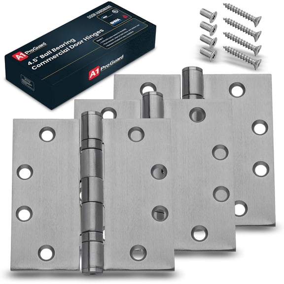 A1 ProGuard 4.5" Heavy Duty Door Hinge, 3 Pack 4.5 x 4.5 Inch Ball Bearing Door Hinges with Square Corners for Commercial and Residential Doors, Brushed Nickel
