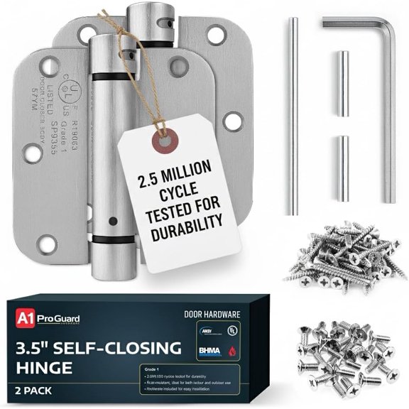 A1 ProGuard - Self Closing Spring Loaded Hinges, 3.5 Inch, Adjustable Tension for Garage, Front, Back Door, Door Closer Hinge, UL Listed, Left/Right Hand, 5/8'' Radius Corners, Brushed Nickel, 2 Pack