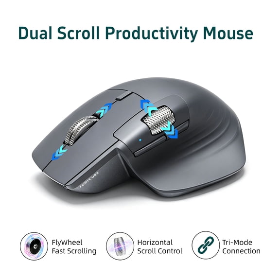A1 Productivity Mouse, Dual Scroll Wheels Wireless Mouse with Side Scroll for Horizontal Control, Programmable Buttons, Tri-Mode 2.4G Bluetooth USB-C, Ergonomic PC Mouse