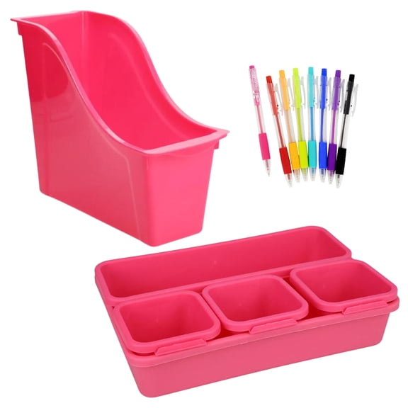 A1 Unlimited Colorful Plastic Book Bin with 5-ct. Packs Interlocking Desk Organizer (Pink), Multipurpose Desk Table Drawer Storage Box Case Container Divider for Home Office Classroom with Bonus Item