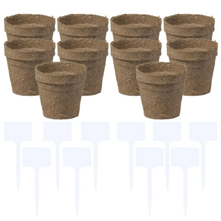 A1 Unlimited Natural Fiber Seed Starter Pots (10-ct. Packs) & Plastic Plant Labels (10-ct. Packs) Set, Biodegradable Organic Round Peat Pots with Drainage Hole Reusable Nursery Garden Home Greenhouse