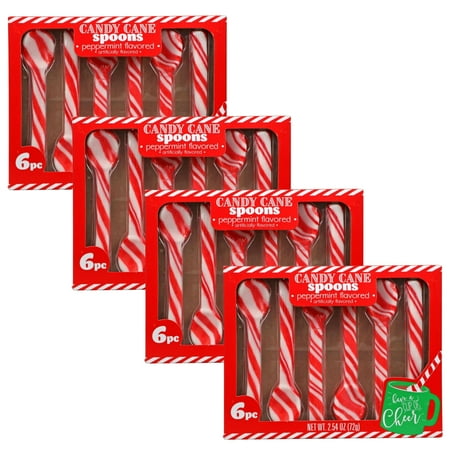 A1 Unlimited Peppermint Candy Cane Spoons, Christmas Holiday Party GiftFavors Sweet Treats Dessert Snacks Hot Cold Drinks Individually Wrapped Goody Bag Stocking Stuffer, 4 Boxes (6-ct. Boxes)