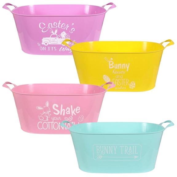 A1 Unlimited Plastic Oval Containers with Handles 13x6.875x4.625-in., Assorted Whimsical Colored Plastic Ice Bucket Baskets Cooler Easter Egg Hunt Stuff, 4ct. (Styles May Vary)