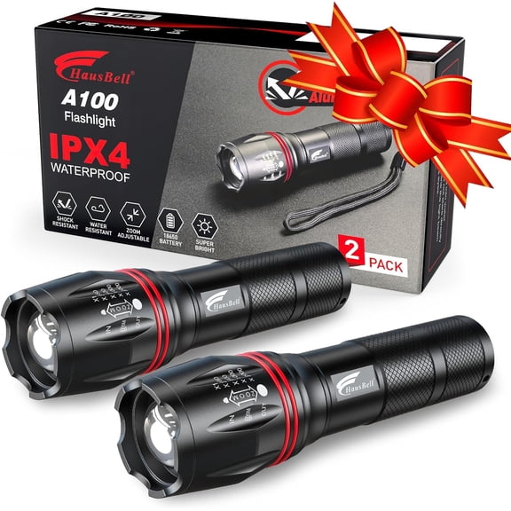 A100 2000 Lumen Flashlight 2 Pack, Heavy-Duty Aluminum Tactical Flashlights High Lumens with 5 Modes Zoomable Waterproof, Emergency Camping Essentials for Home Hiking