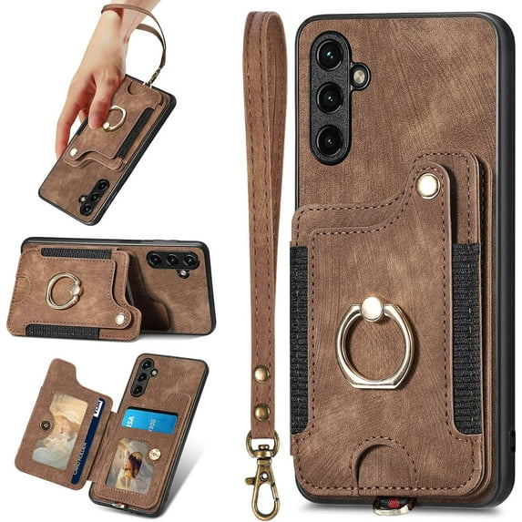 A14 5G Case,Card Holder Wallet for Galaxy A14 5G Phone Case,Ring Holder Stand,RFID-Blocking,Wrist Strap,Camera Protector,Leather Protective Flip Cover for Samsung A14 5G Case (Brown)