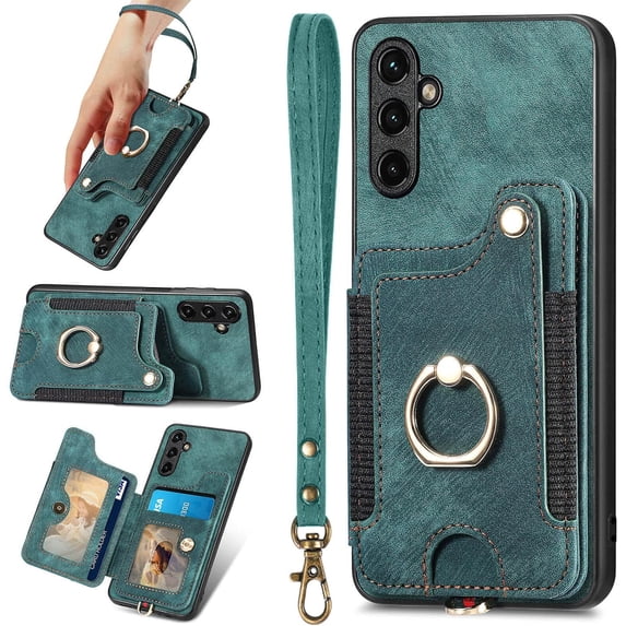A14 5G Case,Card Holder Wallet for Galaxy A14 5G Phone Case,Ring Holder Stand,RFID-Blocking,Wrist Strap,Camera Protector,Leather Protective Flip Cover for Samsung A14 5G Case (Green)