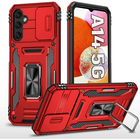 A14 5G Phone Case for Samsung Galaxy A14 5G Case,with Camera Cover and Ring,Heavy Duty Drop Protection Dust Proof Military Protective Tough Durable Phone Case 6.6 inch-Red
