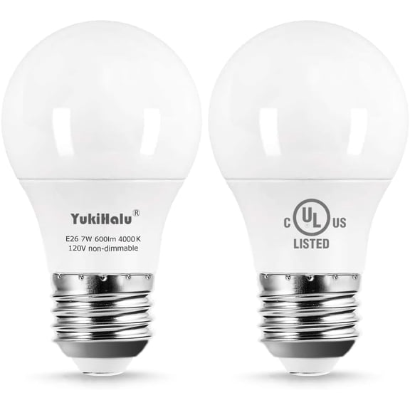 , A15 Appliance Light Bulb, 60W Equivalent for Range Hood/Refrigerator Light Bulb/Ceiling Fan Light, 600 Lumens 7W 120V 4000K Cool White E26 Base, Waterproof, Not Dimmable, 2-Pack