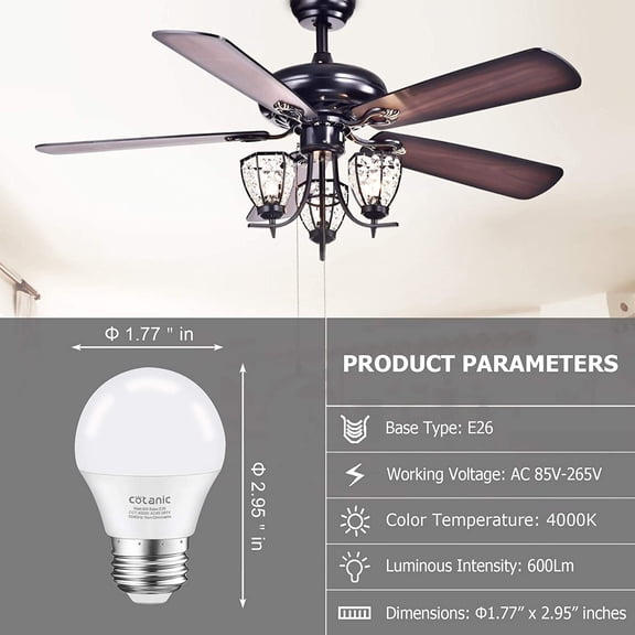 A15 LED Bulb, Ceiling Fan Bulbs 6W (60W Equivalent),4000K Natural Daylight,E26 Standrad Base Light,600lm,CRI 80+ LED Globe Shape Bulb,Non-Dimmable,6 Packs