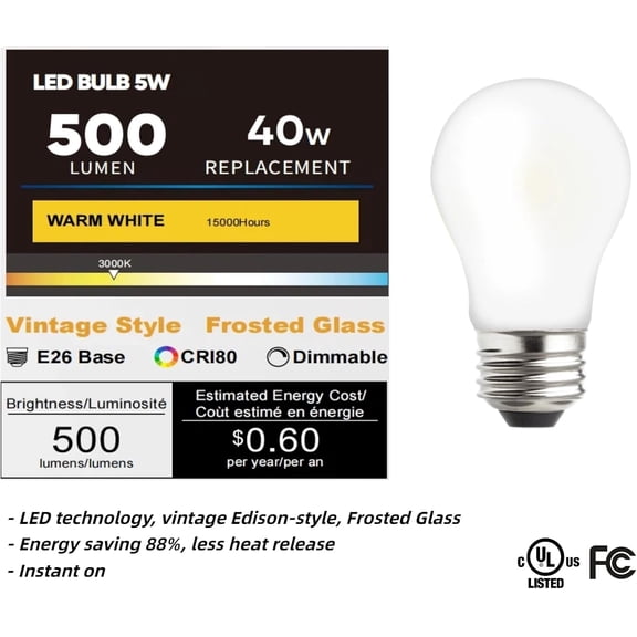 A15 LED Ceiling Fan Light Bulbs, Dimmable 40W Equivalent, 3000K Warm White, E26 Base Frosted Glass for Ceiling Fan Refrigerator Vanity Mirror Wet Location Enclosed Fixture UL Listed, 6 Pack