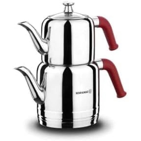 A189 Riva Turkish Teapot Set for Stovetop, 18/10 Stainless Steel Double Tea Maker with Heat Resistant Handles, Samovar Style Tea Kettle with 37.2 Oz (1100ml) & 64.3 Oz (1900ml)
