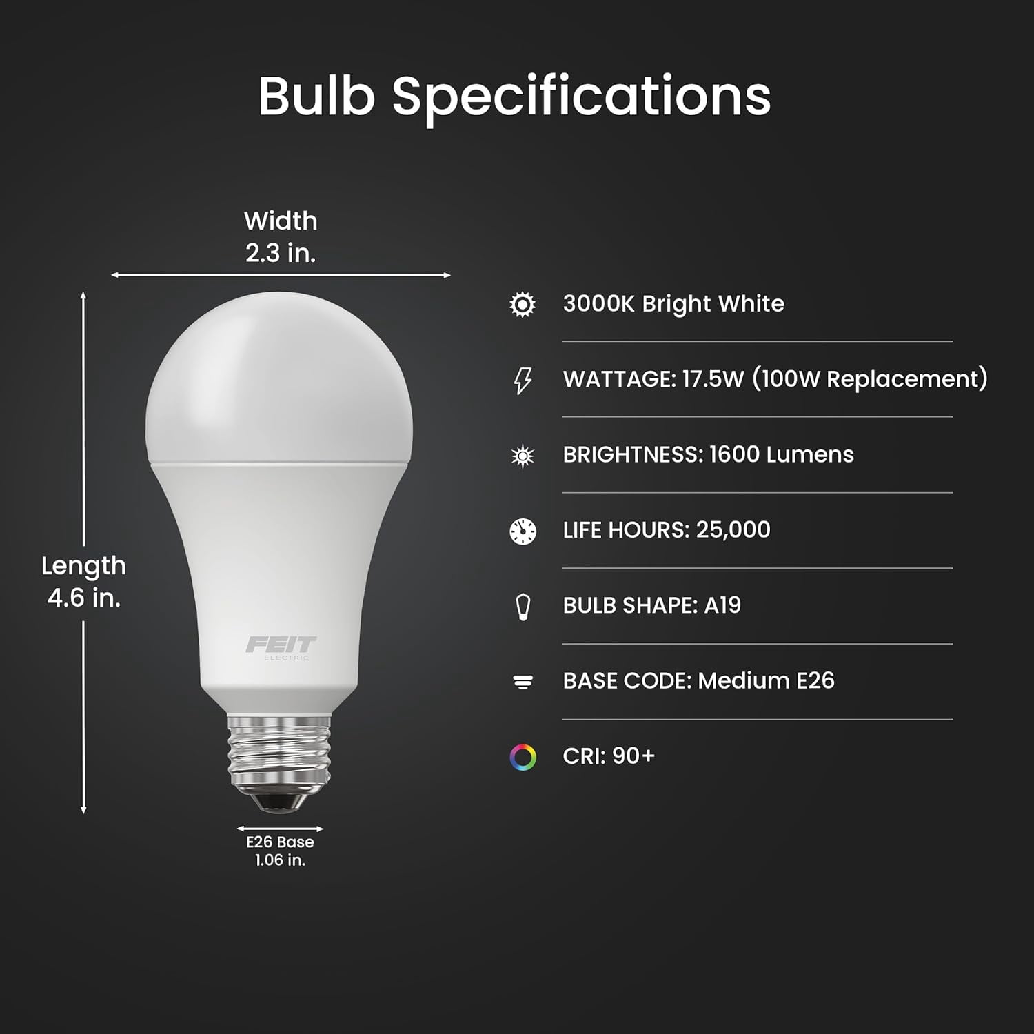 A19 100W Equivalent LED Light Bulbs, Dimmable, 3000k Bright White, 1600 Lumens, 22 Year Lifetime, E26 Base, CRI 90, UL Listed, Damp Rated, 2 Pack, OM100DM/930CA/2