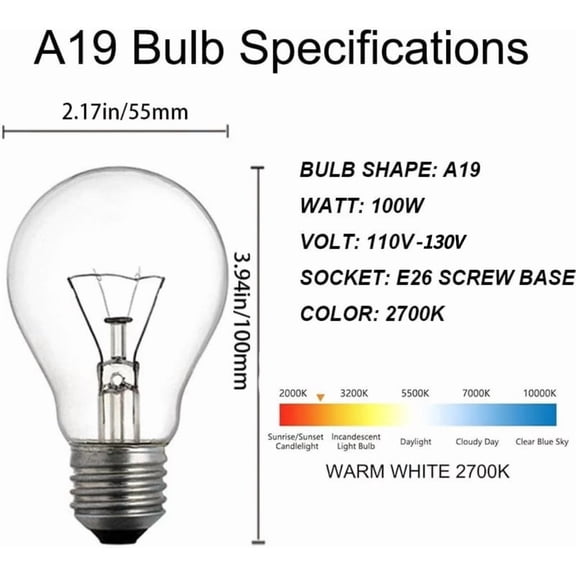 A19 Clear Incandescent Rough Service Light Bulb, 100 Watt Incandescent Light Bulbs, A19 100WATT Bulbs 2700K Soft White, E26 Medium Base, 110-130V (2 Pack)