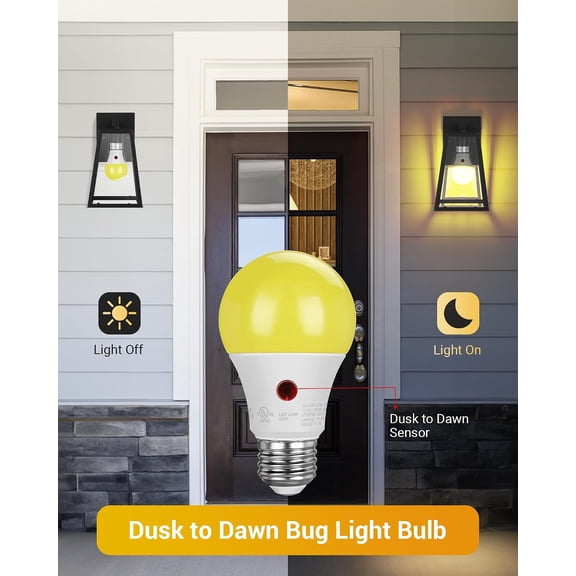 A19 Dusk to Dawn LED Outdoor Light Bulb, Yellow Bug Light Bulbs for Outside, 2000K Amber Glow, 9W Equivalent 60W, E26 Base, LED Amber Light Bulbs for Porch, Patio, Backyard, 4 Pack UL Listed