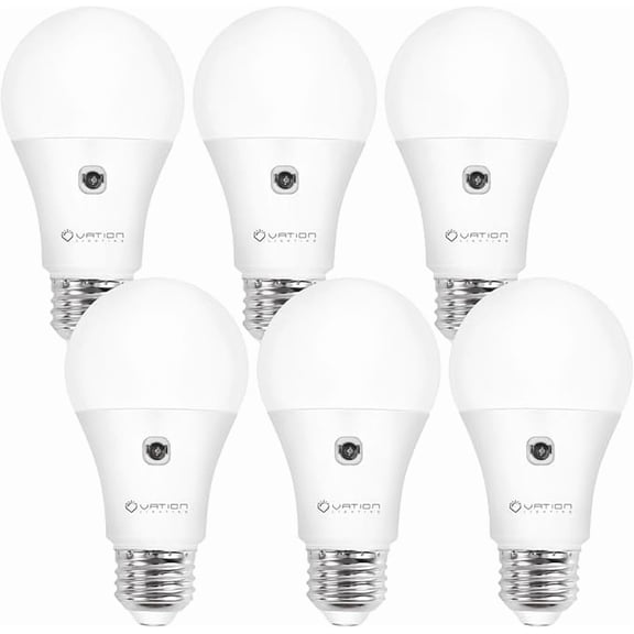 A19 Dusk to Dawn Sensor LED Light Bulbs Outdoor, Daylight 5000K, Energy Efficient 9W(60 Watt Equivalent), E26 Standard Base, Auto on/Off Photocell Automatic, 25,000 Hour Lifetime, 6-Pack