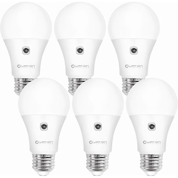 A19 Dusk to Dawn Sensor LED Light Bulbs Outdoor, Warm White 3000K, Energy Efficient 9W(60 Watt Equivalent), E26 Standard Base, Auto on/Off Photocell Automatic, 25,000 Hour Lifetime, 6-Pack