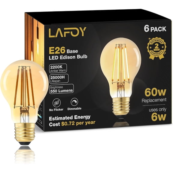 A19 E26 Amber Light Bulbs 2200K Soft Warm, Vintage LED Edison Bulbs 60 Watt Equivalent, Dimmable Antique Old-Fashioned Style 60W Replacement, 550 Lumen Medium Base Lightbulbs, 120V 6 Pack