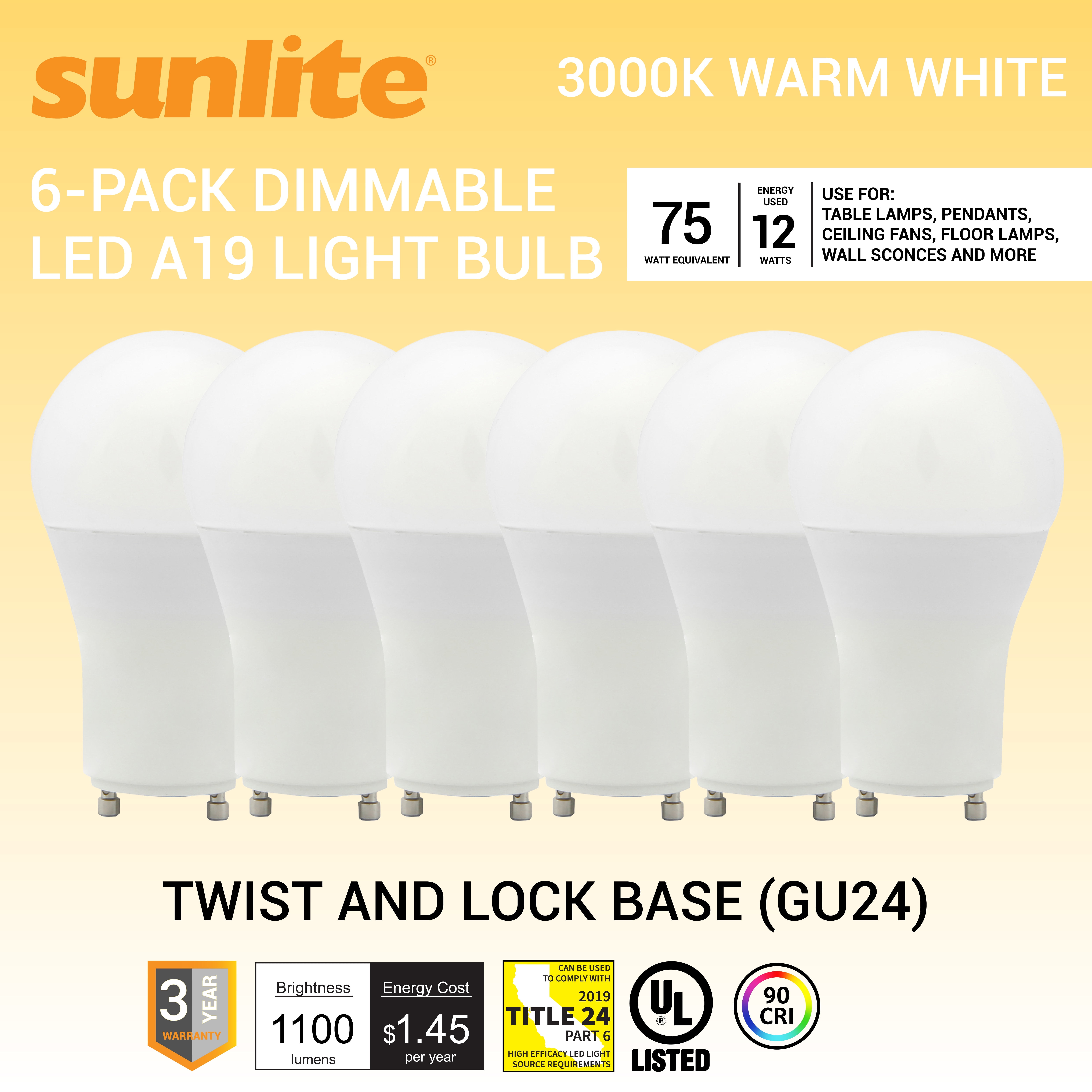 Sunlite LED A19 Light Bulb, 12 Watts (75 Watts Equivalent), 1100 Lumens, 120 Volts, Dimmable, GU24 Base, 90 CRI, Title-24 Compliant, UL Listed, 3000K Warm White, 6 Pack
