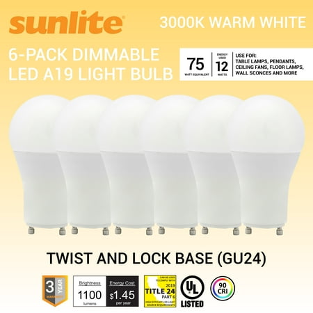Sunlite LED A19 Light Bulb, 12 Watts (75 Watts Equivalent), 1100 Lumens, 120 Volts, Dimmable, GU24 Base, 90 CRI, Title-24 Compliant, UL Listed, 3000K Warm White, 6 Pack