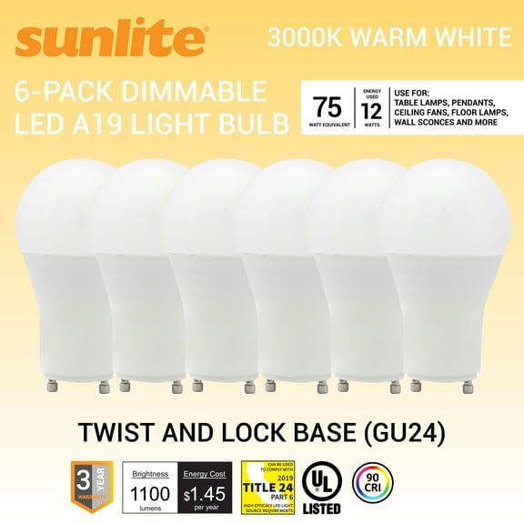 Sunlite LED A19 Light Bulb, 12 Watts (75 Watts Equivalent), 1100 Lumens, 120 Volts, Dimmable, GU24 Base, 90 CRI, Title-24 Compliant, UL Listed, 3000K Warm White, 6 Pack