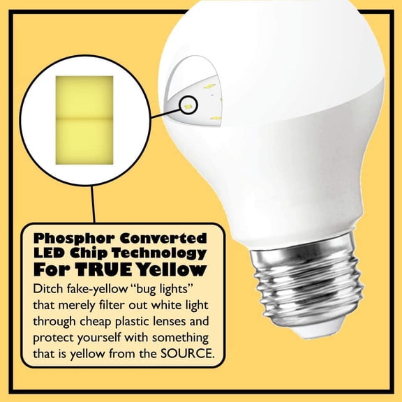 A19 LED Bug Light - Replaces 100W - Yellow Spectrum E26 Medium Outdoor Bulb for Porch Patio & Deck - Upgrade Your Old Painted Incandescent Bug Bulbs to Amber Glow 2-Pack