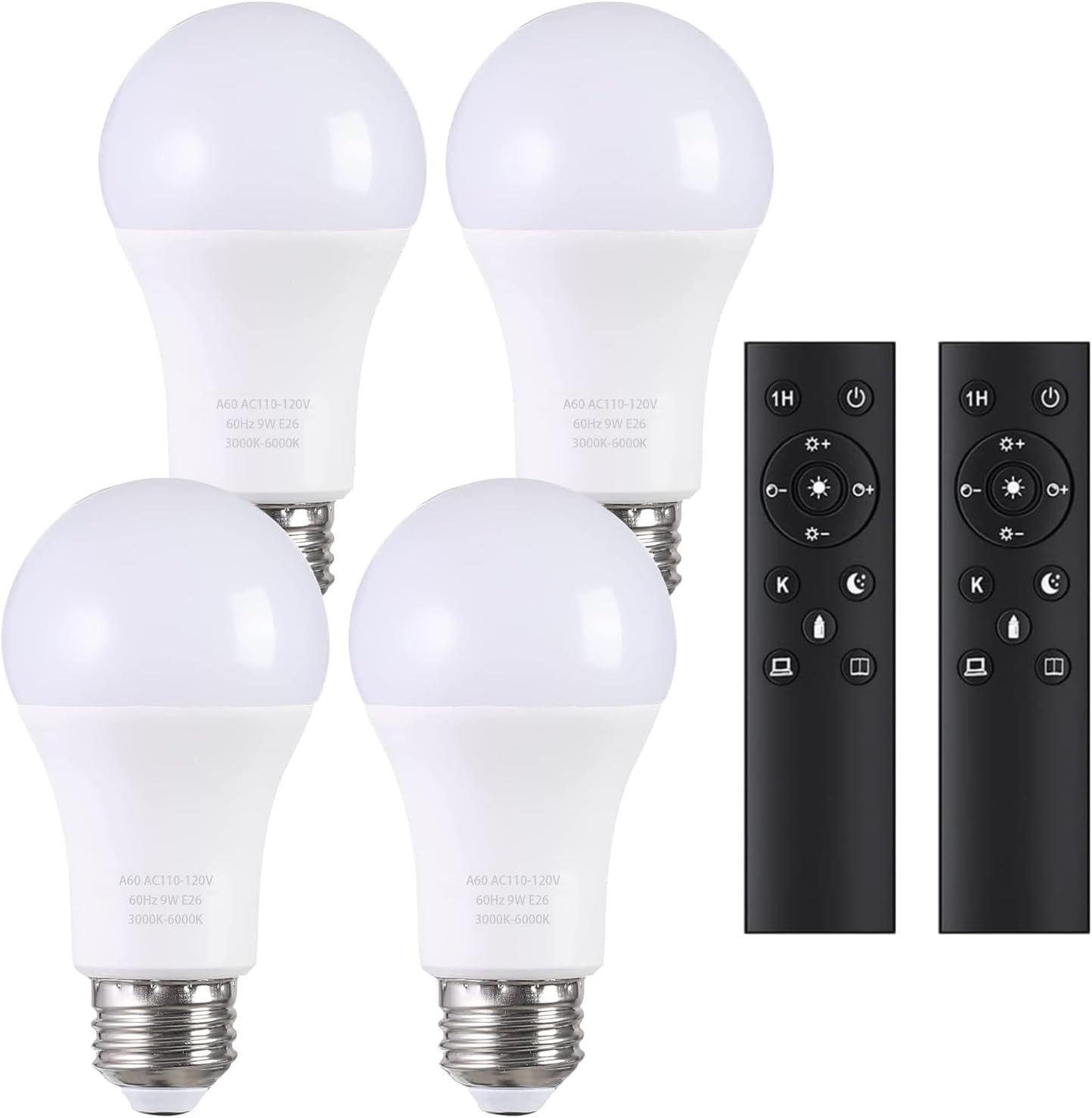 A19 LED Bulbs with Remote Control, 800LM 9W (60W Equivalent) Bulbs,Stepless Dimmable 3000K-6000K,E26 Base,CRI 80+,2.4GHz,25000+ Hours Lifespan for Floor Lamp Home Decor,4 Bulb & 2 Remote