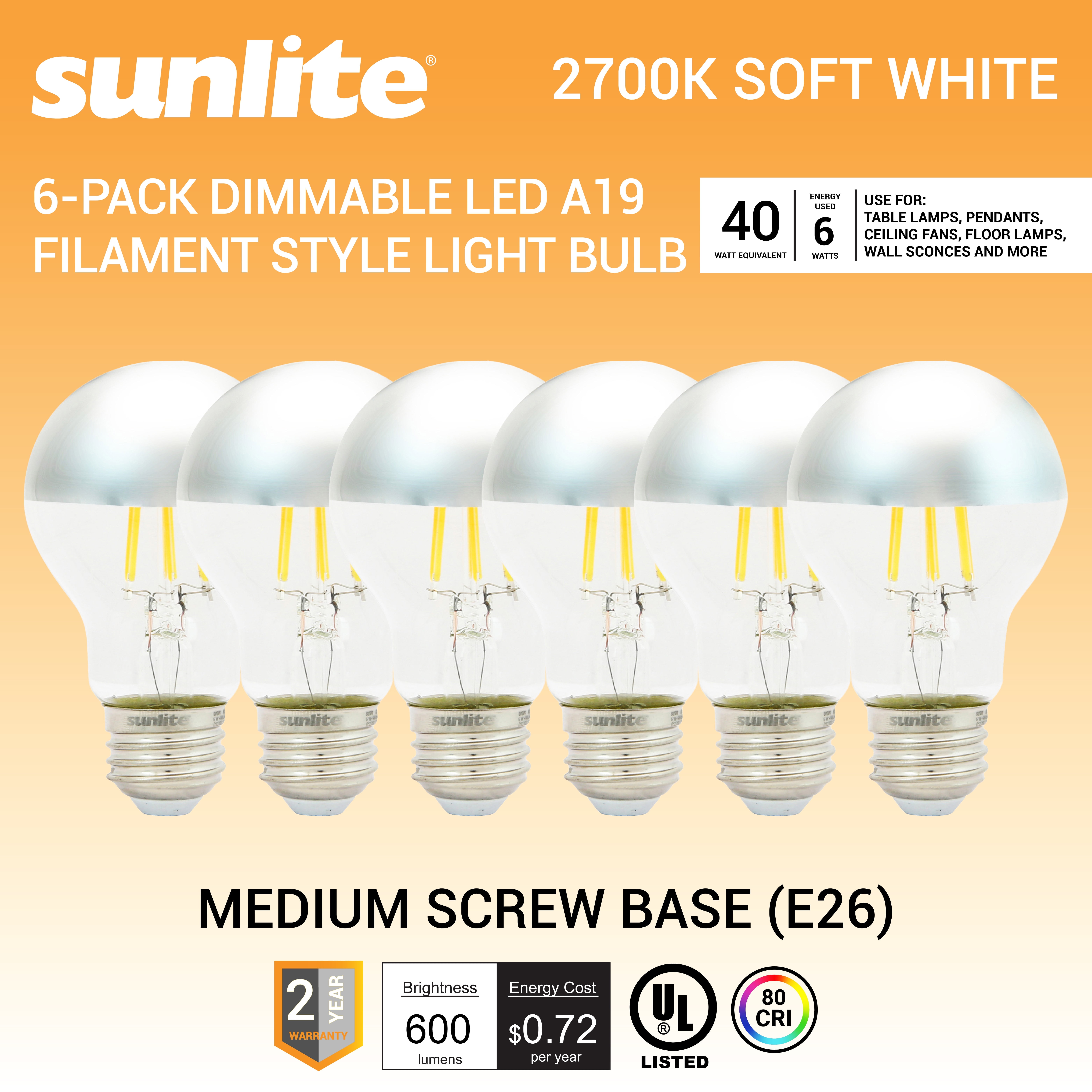 Sunlite 41853 LED A19 Clear Filament Style Light Bulb, 6 Watts (40 Watt Equivalent), 600 Lumens, 120 Volts, Dimmable, Medium E26 Base, UL Listed, Silver Bowl, 2700K Soft White, 6 Pack