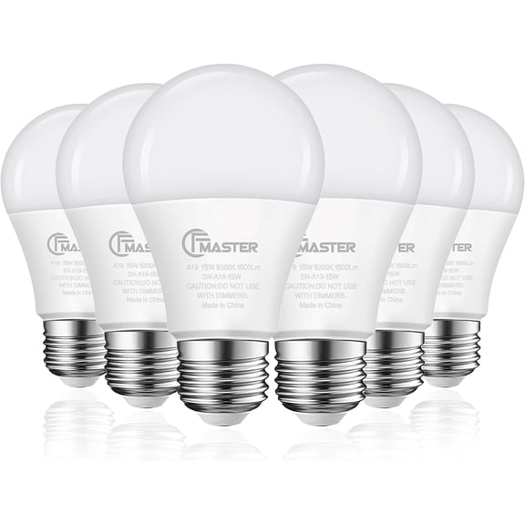 Plug'n A19 LED Bulbs, 100W Equivalent, 15W 5000K Daylight, 1500 Lumens, Non-Dimmable, E26 Base, Indoor Outdoor, ETL Listed, 6-Pack
